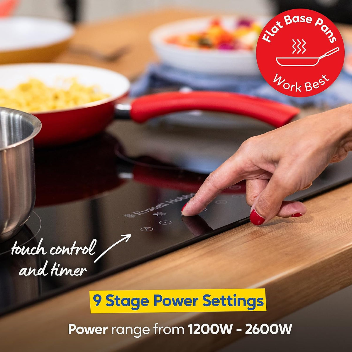 Russell Hobbs Electric Ceramic Hob 59cm Wide with 4 Cooking Zones, Electric 9 Power Levels, Touch Control & Easy Clean, Safety Cut Off, Timer & LED Display, Child Lock RH60EH413B