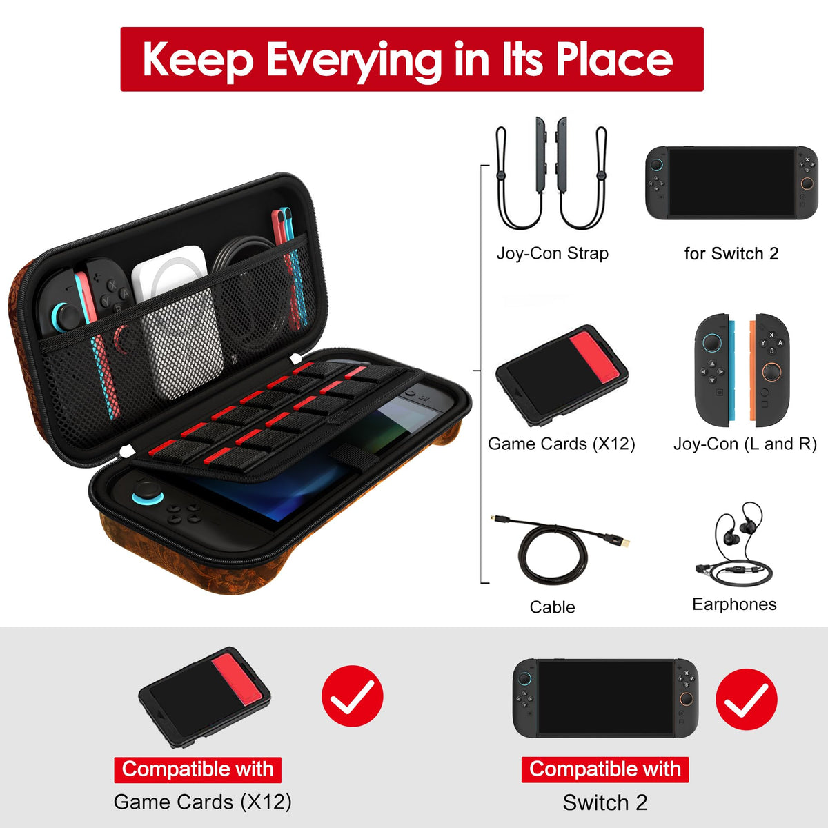 ivoler Carry Case for Nintendo Switch 2 (2025 Model) – Protective Portable Hard Shell Pouch Carrying Travel Game Bag for Nintendo Switch 2 Accessories Holds 12 Game Cartridge– Black