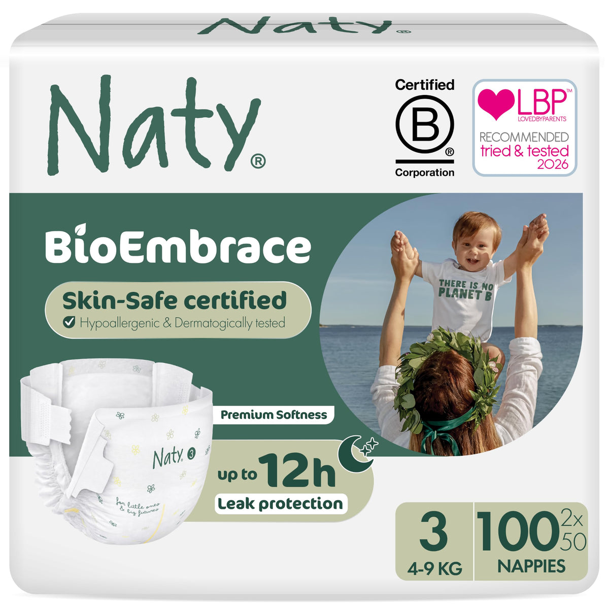 Naty BioEmbrace Newborn Nappies, Sensitive Skin, Size 2 (3–6kg), 33 Count