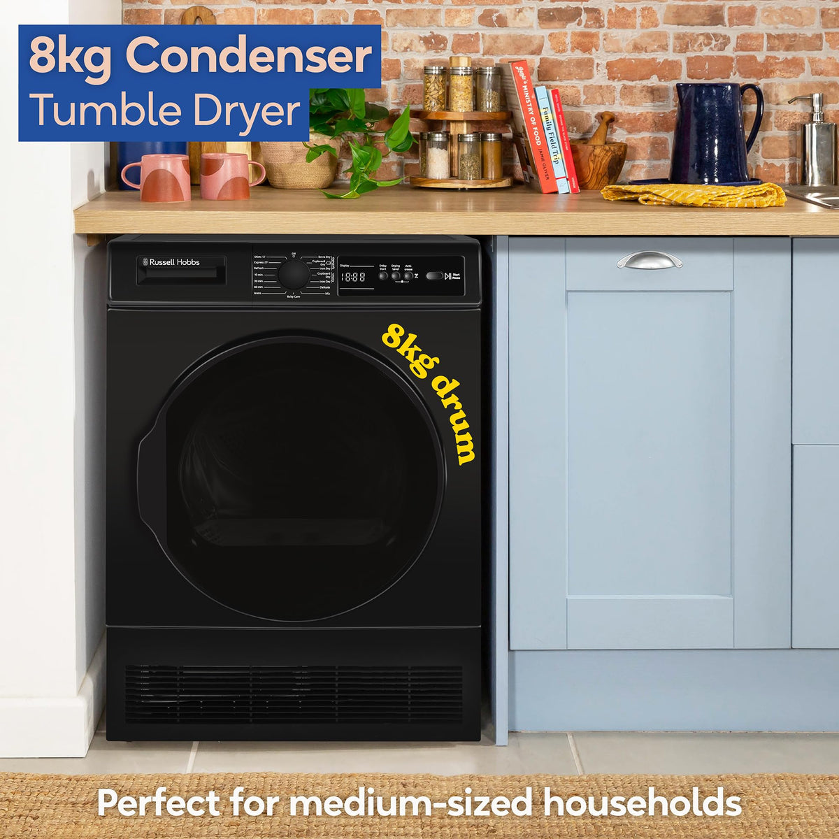 Russell Hobbs Freestanding Condenser Dryer Electric Tumble Dryer 15 Programmes 8kg Capacity 3 Heat Settings LED Display DelayStart Anti-Crease Child Lock Black Clothes Dryer RH8CTD111B