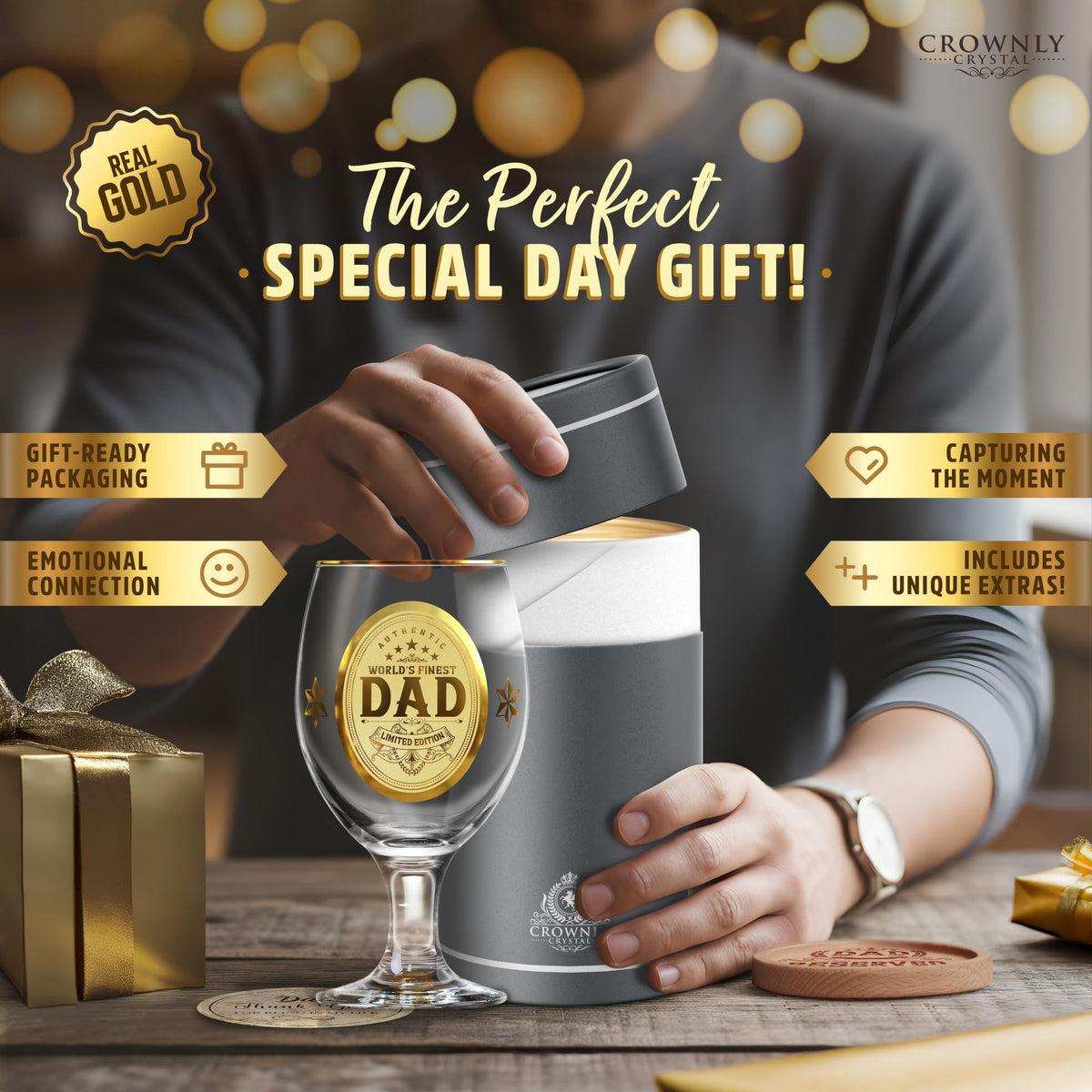 Crownly Crystal® Gold Birthday Gifts: Dad's Beer Glasses