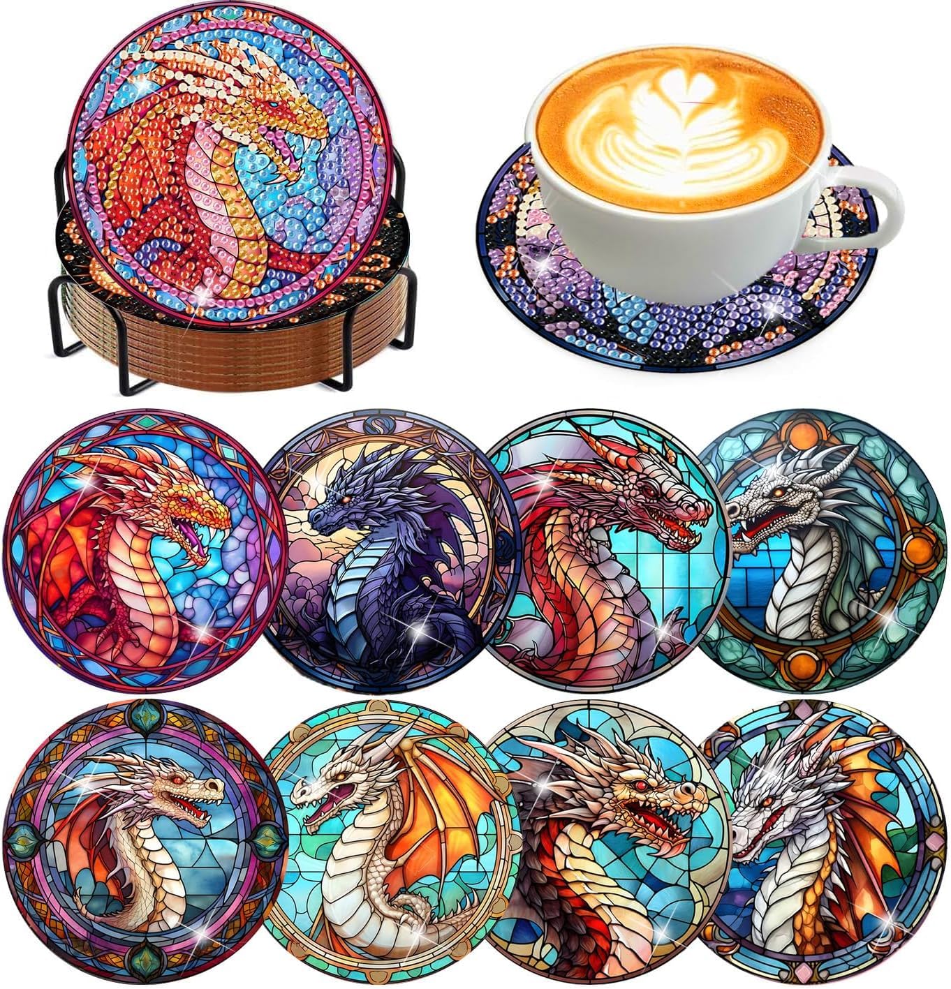 8Pcs Diamond Painting Coasters with Holder,DIY Cocktail Life Coaster Diamond Art Kits for Adults Kids,Beginners Round Full Drill Diamonds Art Craft Supplies