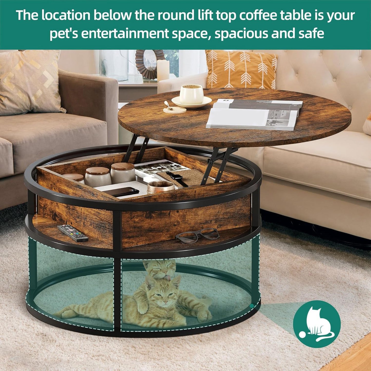 YITAHOME Coffee Table with Lift Top, lift up Coffee Table Round with Hidden Storage Compartment, 60x60x47cm