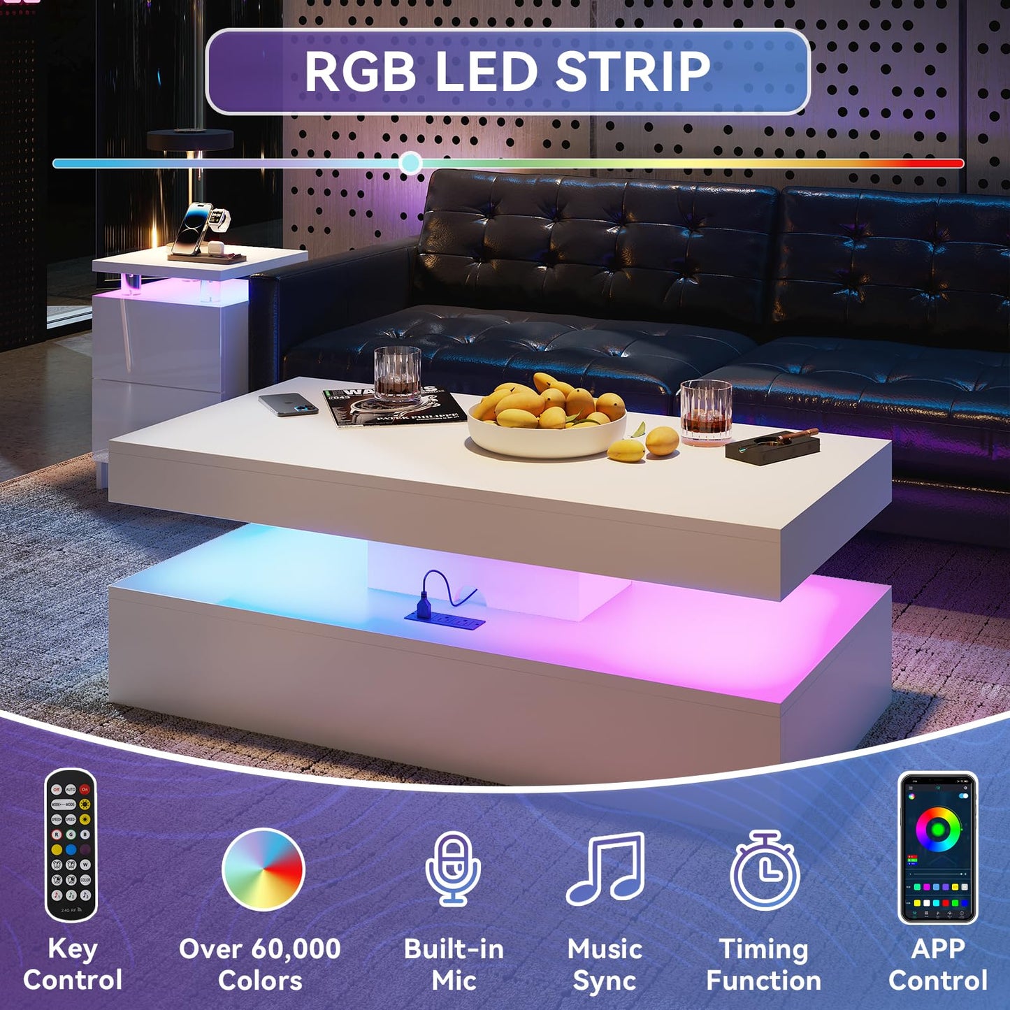 Modern Coffee Table with LED Lights, 2 Drawer Storage, Wooden Coffee Table with Charging Station, USB Ports & Power Outlet, Rectangle Coffee End Table for Home, Office & Living Room - Black