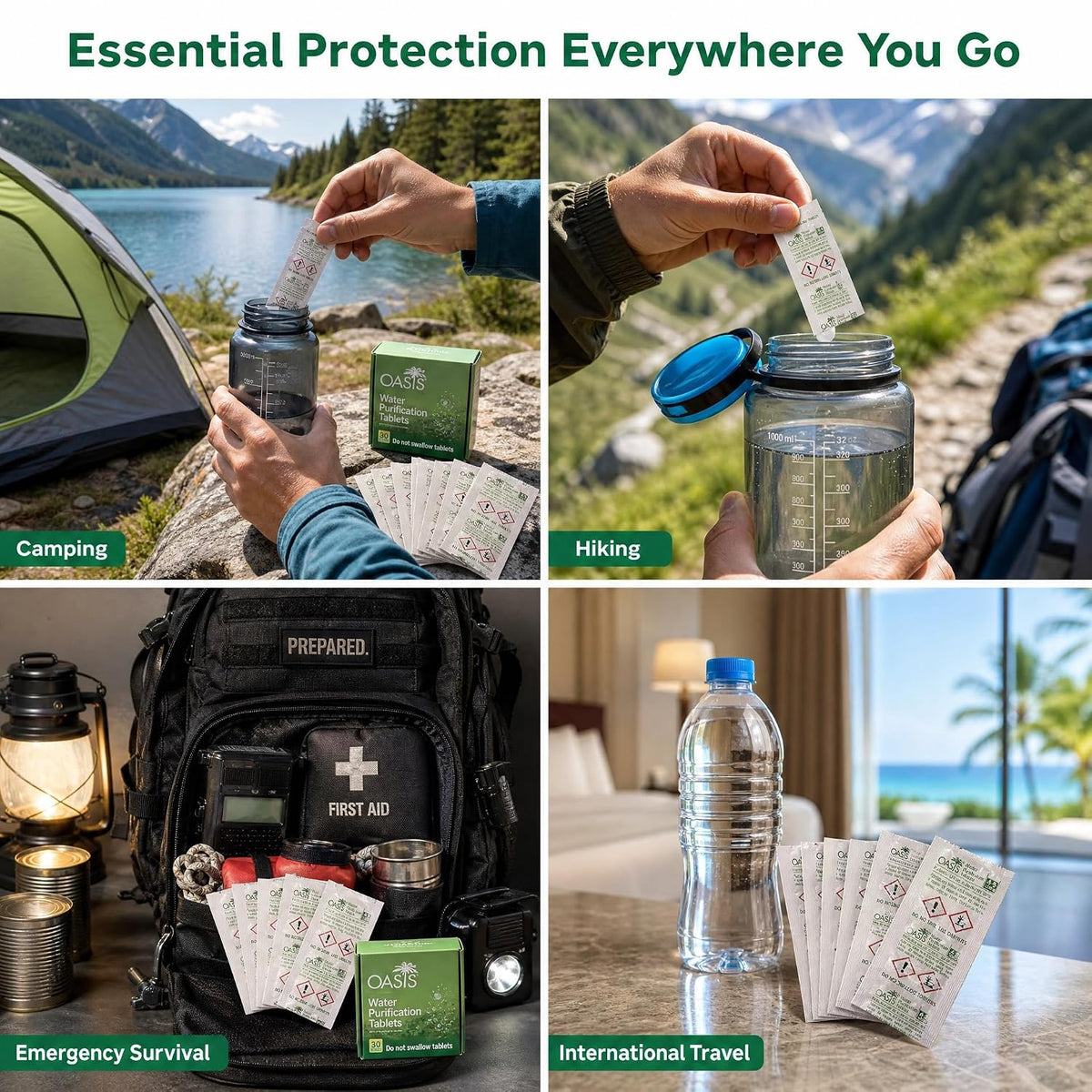 Oasis Water Purification Tablets (33mg) – Emergency Water Treatment for Camping, Hiking, Survival, and Travel – Fast-Acting Water Purifier for Safe Drinking Water – 200 Tablets