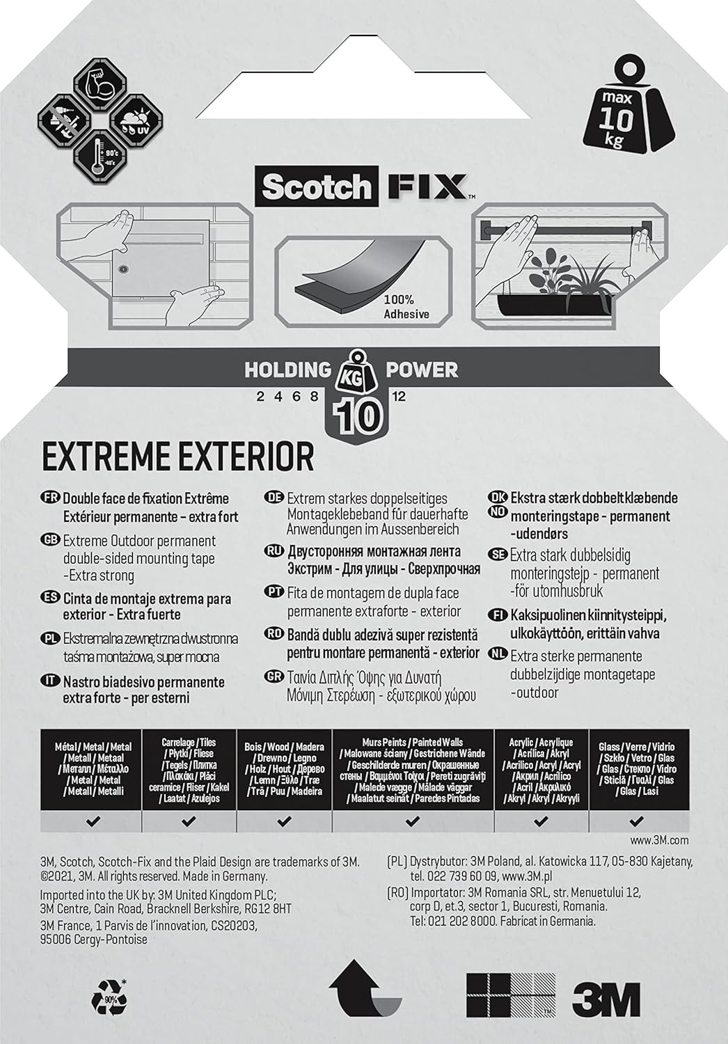Scotch-Fix Double-Sided Extreme Exterior Mounting Tape, 19mm x 1,5m - For Outdoor Extreme Use, Weather Resistant, Permanent Tape, 100% Adhesive, 3M Advanced Technology - Holds up to 10kg