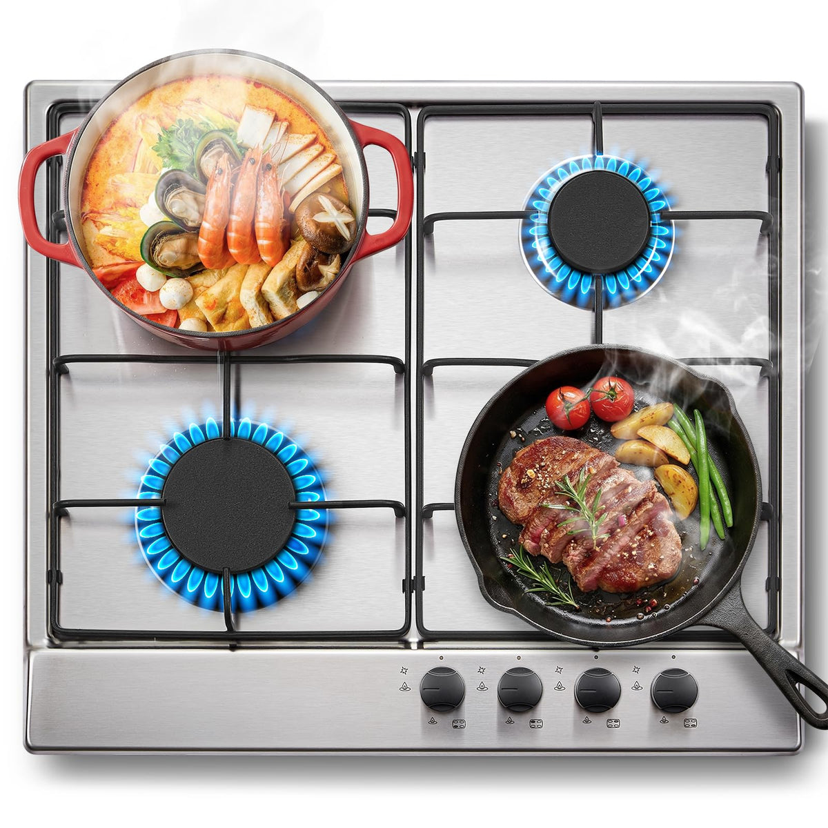 SNDOAS Gas Hob 4 Burners, NG/LPG Convertible, Built-in Black Glass Gas Hob with Wok Burner, Flame Failure Protection, 8000W, YYUKGCT-B04