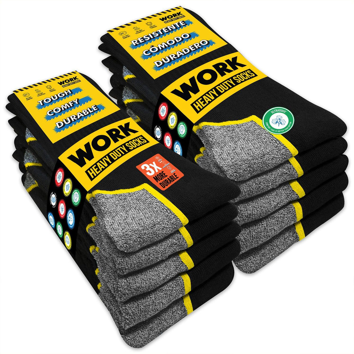 SOXCO 10 Pairs Men’s Work Socks, Black Crew Length | DRI-WIK Moisture Management Technology | Super Soft Cushioned Footbed | Reinforced Heel & Toe | Dura-Stretch Elastane | Pack of 6 or 10 Pairs