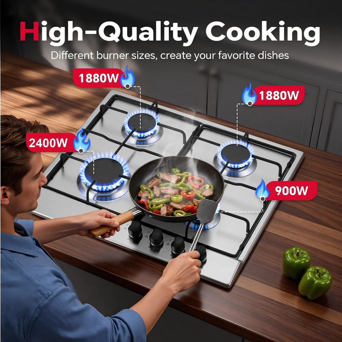 SNDOAS Gas Hob 4 Burners, NG/LPG Convertible, Built-in Black Glass Gas Hob with Wok Burner, Flame Failure Protection, 8000W, YYUKGCT-B04