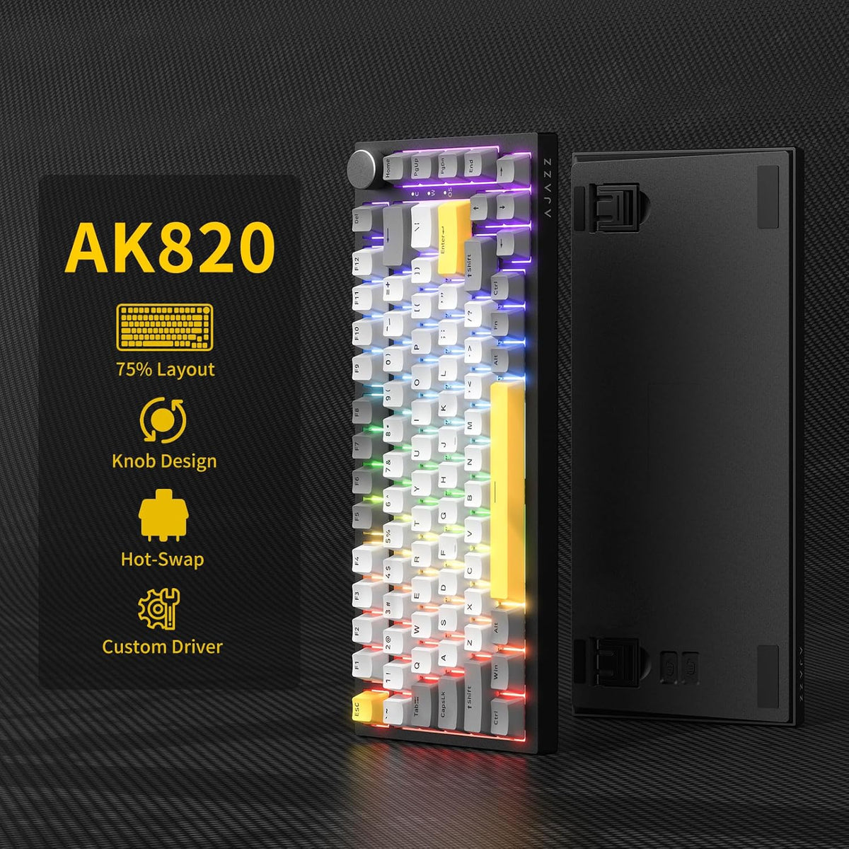 AJAZZ AK820 Wired Mechanical Keyboard, 75% Gaming Keyboard with Volume Control Knob, PBT Keycaps, 82 Keys, Five-Layer Sound Insulation Pad, South-Oriented RGB, Full-Key Hot Swap, Black Grey Yellow