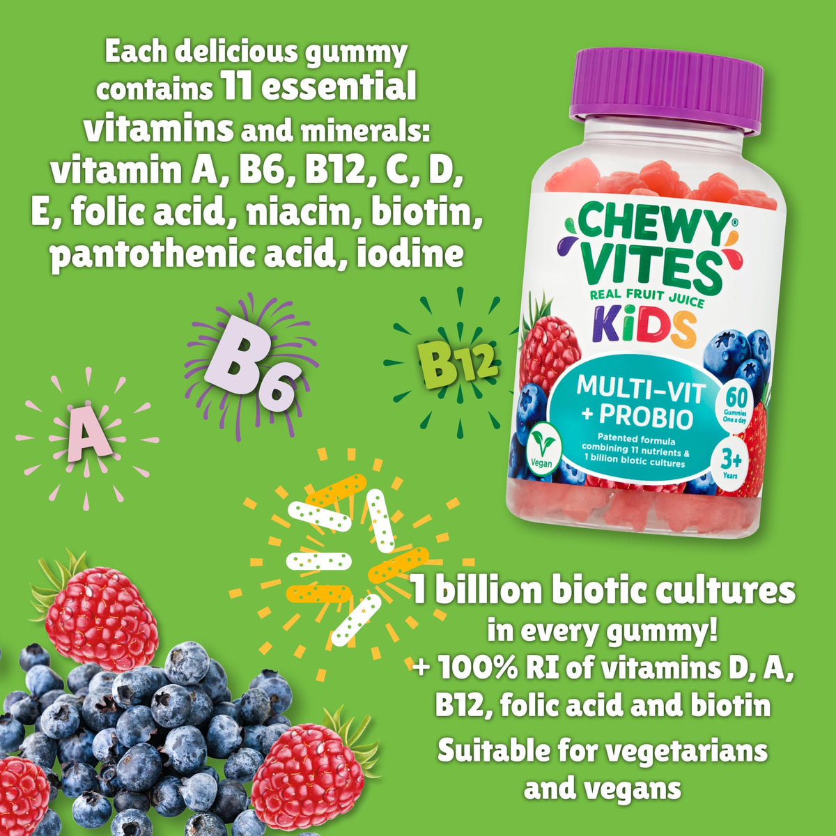 Chewy Vites Kids Multivitamin Advance, 60 Kids Vitamins Gummies, 11 Essential Nutrients, 2 Months Supply, Real Fruit Juice, Vegan, Age 3 +, Blueberry and Raspberry Flavour