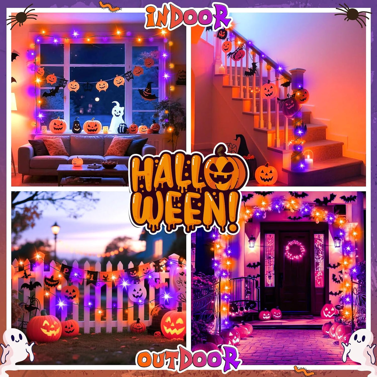 cshare Halloween Decorations Fairy Lights, 20Ft 60LED Orange-Purple USB/Battery String Lights with Timer Waterproof for Outdoor Indoor Autumn Fall Halloween Decorations-Green Wire