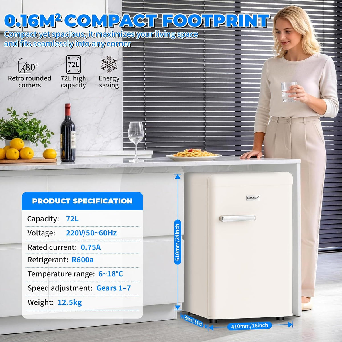 Retro Mini Fridge, 72L Compact Refrigerator, 43dB Quiet Operation, Adjustable 7-Temp Control, with LED Light, for Bedroom, Office, Kitchen & RV