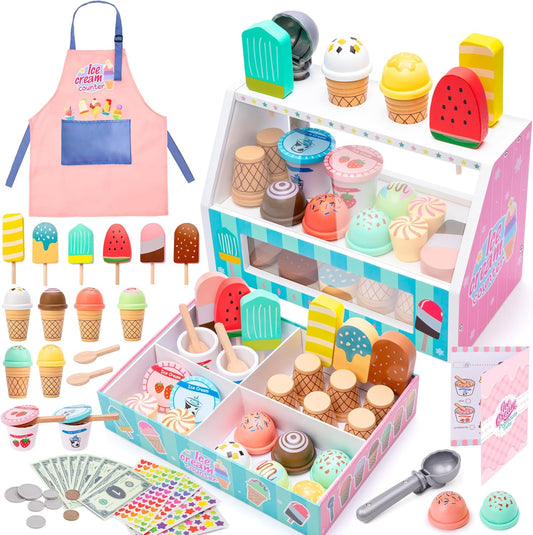 WIKITOT 51-Piece Wooden Ice Cream Cart Role Play Set — With Apron, Menu & Play Money | Ages 3-7