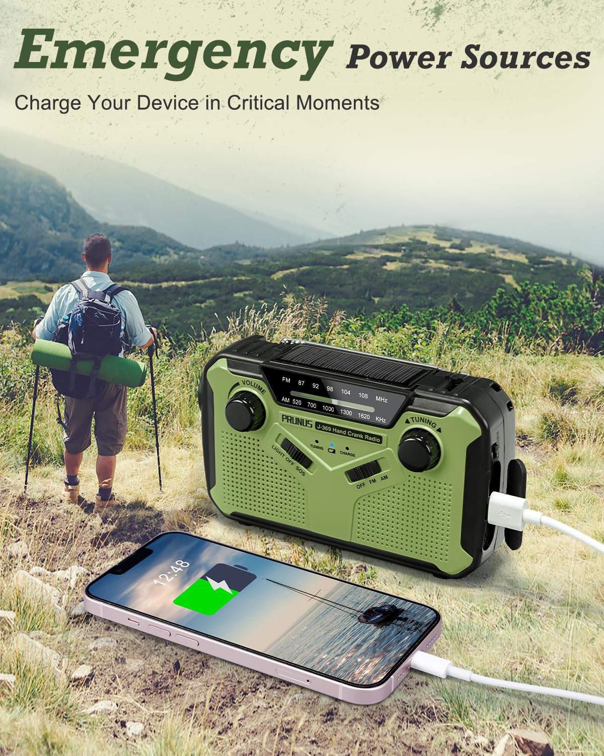 PRUNUS J-369 Wind Up Radio Solar, AM/FM Emergency Hand Crank Radio