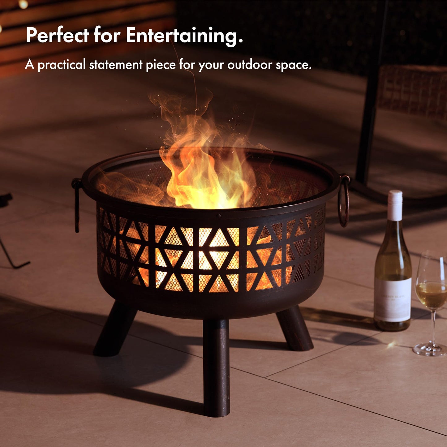 VonHaus Fire Pit – Firepit for Outdoor, Garden, Patio – Portable, Lightweight with Geometric Design, Brown Bronzed Steel, Fire Poker & Mesh Guard Included, Carry Handles – Use Wood or Charcoal to Fuel