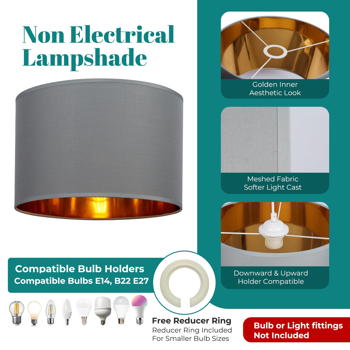 GIGGI Fabric Lamp Shades with Golden Inner Light Shade Ceiling – Modern Lampshades for Ceiling Lights, Lamp Shades for Table Lamps, Floor Lamps, Living Room, Bedroom, Home Décor (Green, 12")