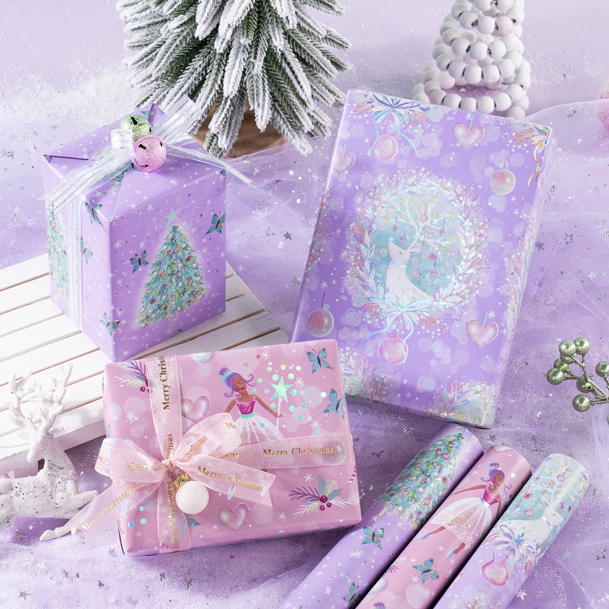 RUSPEPA Christmas Wrapping Paper Roll - Mini Roll - 3 Rolls - 43.2cm x 3m Per Roll - Bird, Christmas Garland, Holly and Pinecones Holiday Design with Metallic Foil Shine