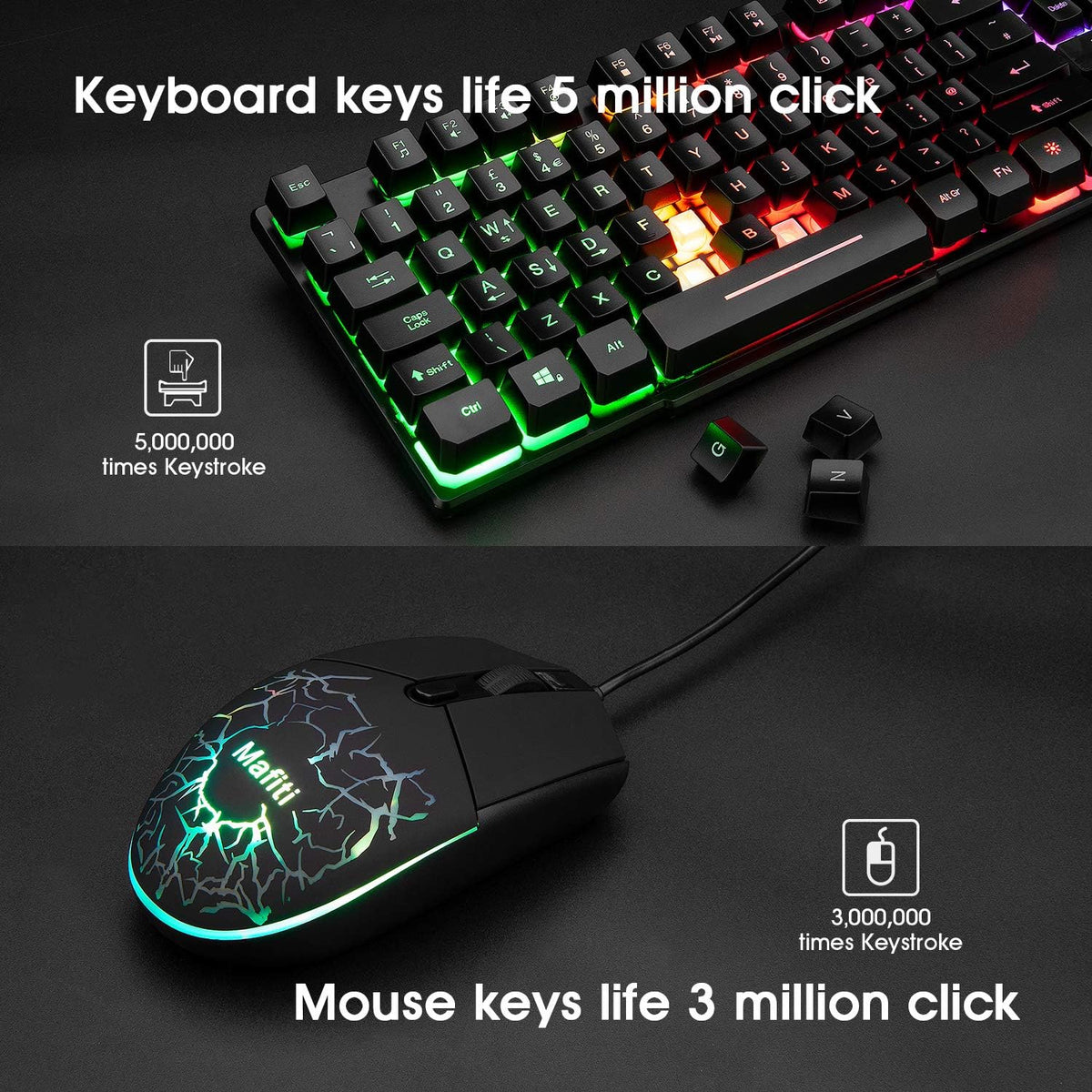 Gaming Keyboard and Mouse Set,Mafiti Rainbow Backlit Keyboard with Mechanical Feeling Breathing Light for Working or Gaming,UK Layout