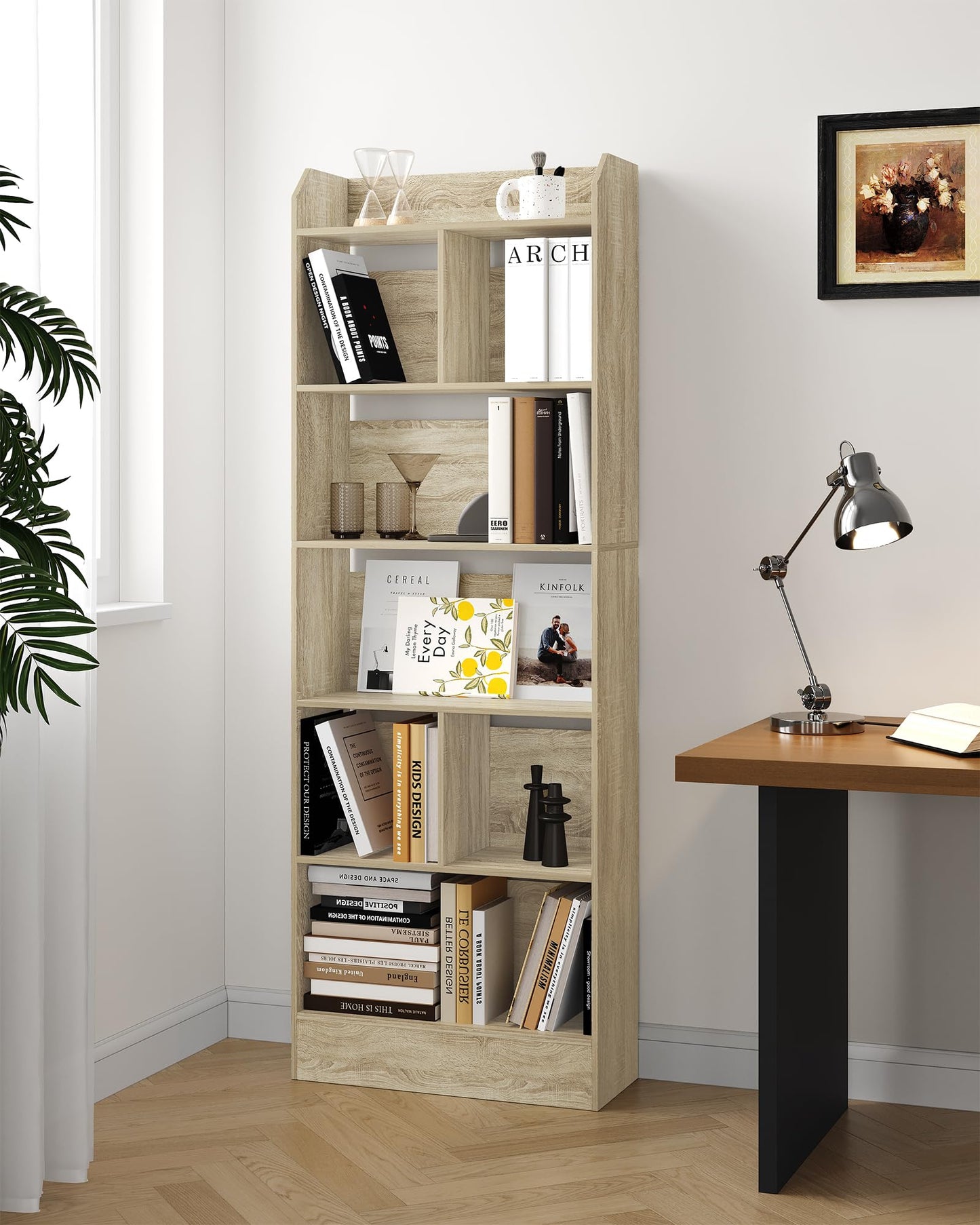 Hzuaneri 6-Tier Bookcase, Bookshelf with 8 Adjustable Storage Shelf Unit, White Bookcase for Living Room, Home Office, Bedroom, Study, 24 x 60 x 199 cm, White, BC11703X