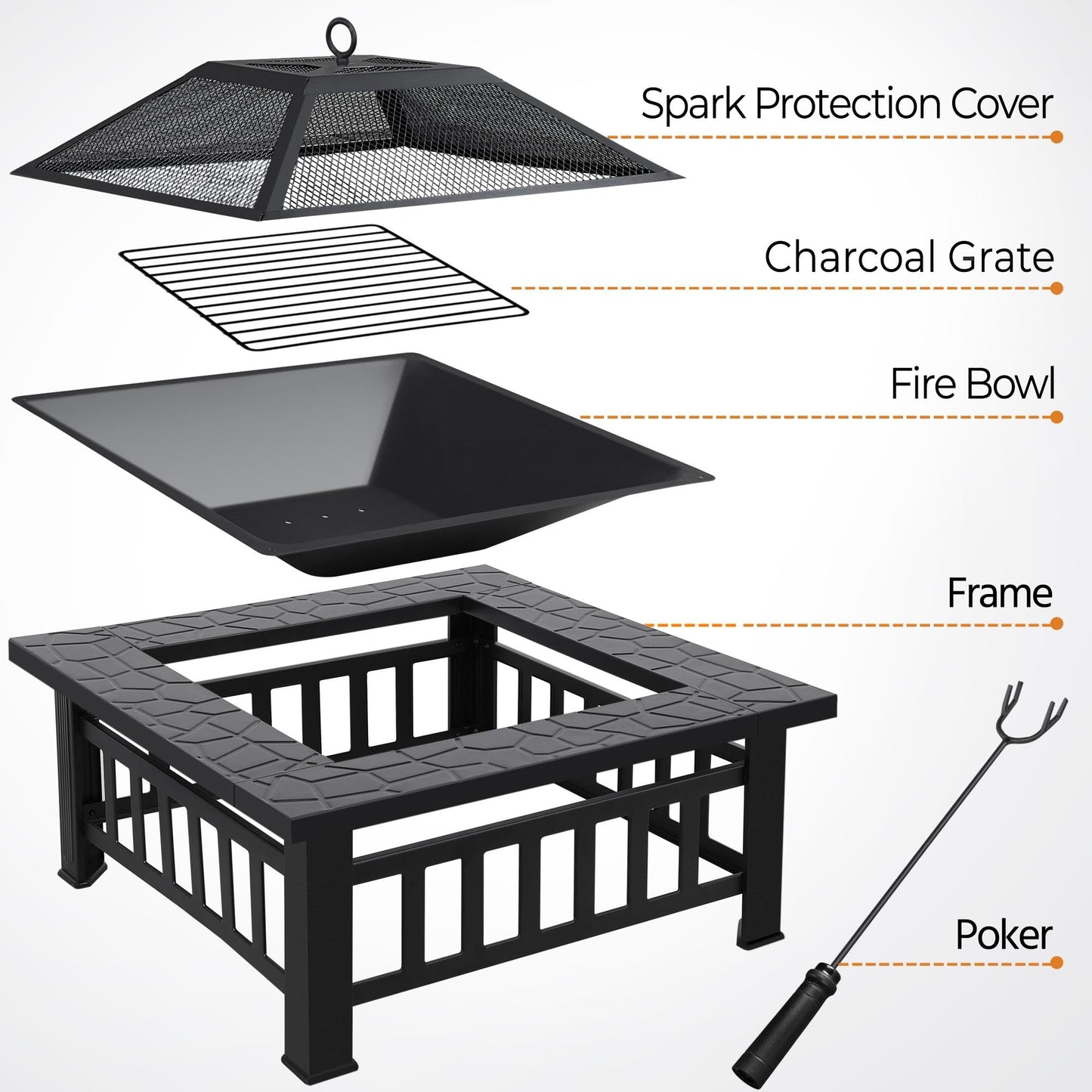 Yaheetech Outdoor Fire Pit 81cm Square Fire pits 3-in-1 Heat-resistant Metal Garden Stove for Barbecue, Heating, Cooling Drinks with Cover & Poker, Black