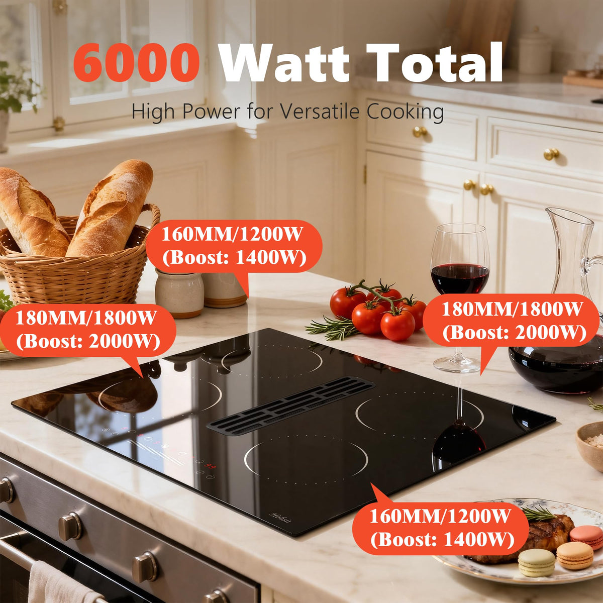 Hobsir Induction Hob with Flex Zone, Built-in Electric Hob 4 Burners 60 cm