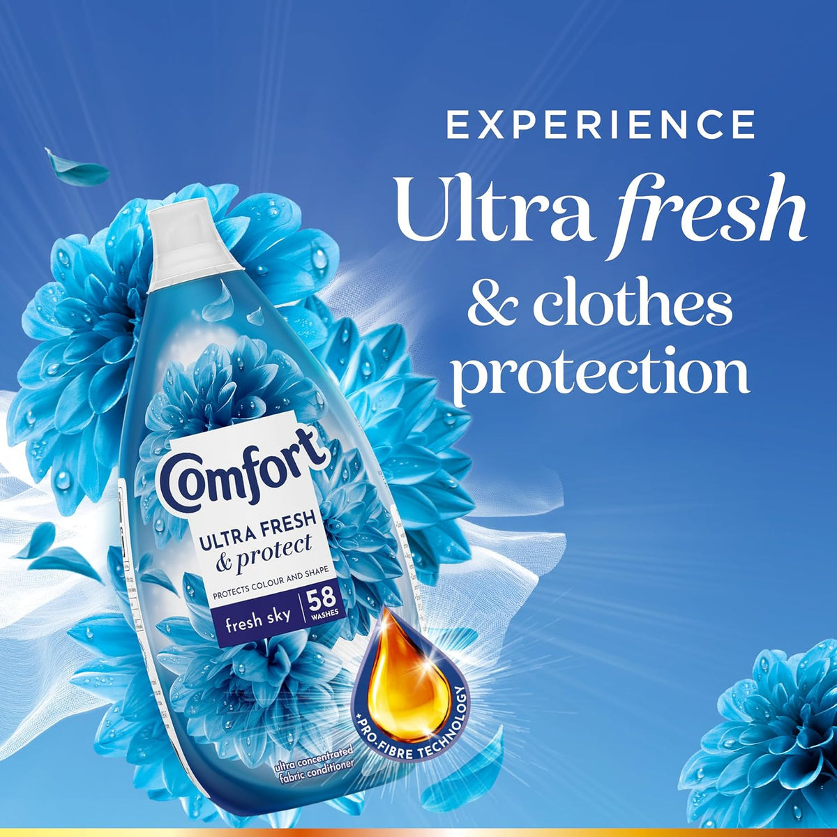 Comfort Ultra Fresh Fabric Conditioner Fresh Sky, 58 Washes (870 ml) – Infused with Essential Oils, Long-Lasting Fragrance
