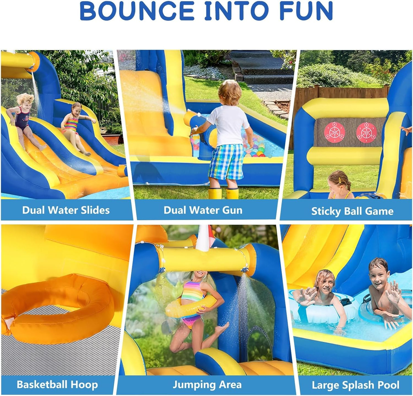 Karl home Outdoor Bouncy Castle with 450W Air Blower, Bounce House with Double Water Slide, Jumping Area, Splash Pool & Basketball Rim (470x472x225cm)