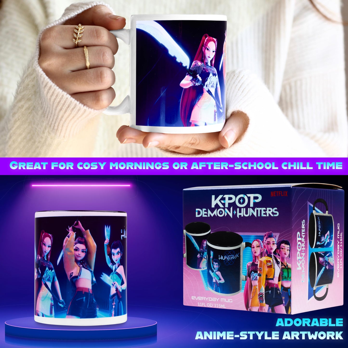 KPop Demon Hunters Official Huntrix Mug, 11oz Ceramic Cup for Girls, Teens & Adults, Rumi Mira Zoey Tea Coffee Cup, Gifts for Her (Black Huntrix)