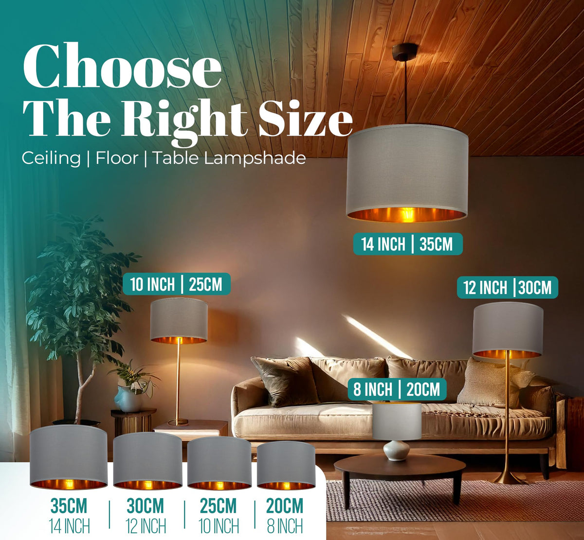 GIGGI Fabric Lamp Shades with Golden Inner Light Shade Ceiling – Modern Lampshades for Ceiling Lights, Lamp Shades for Table Lamps, Floor Lamps, Living Room, Bedroom, Home Décor (Green, 12")