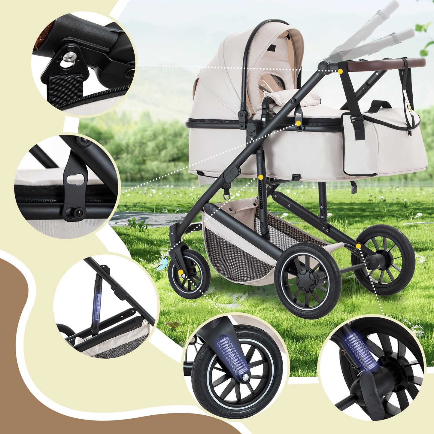 Baby Stroller 3 in 1,Travel Pushchair's Lie-Flat Pram is Foldable, Stroller System Handle is Adjustable, The Wheels are Made of PU Material, Suitable for 0-3 Years-Khaki