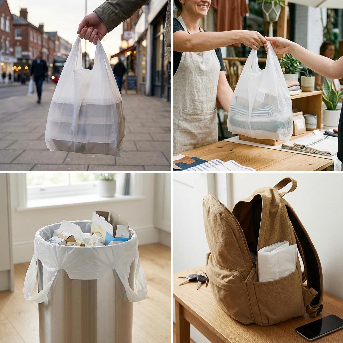 Plastic Carrier Bags White - Standard Retail Size 13x19x23, 100 Pack, Heavy Duty Large Carrier Bag with Handles, Groceries Retail Shopping Takeaway Bin