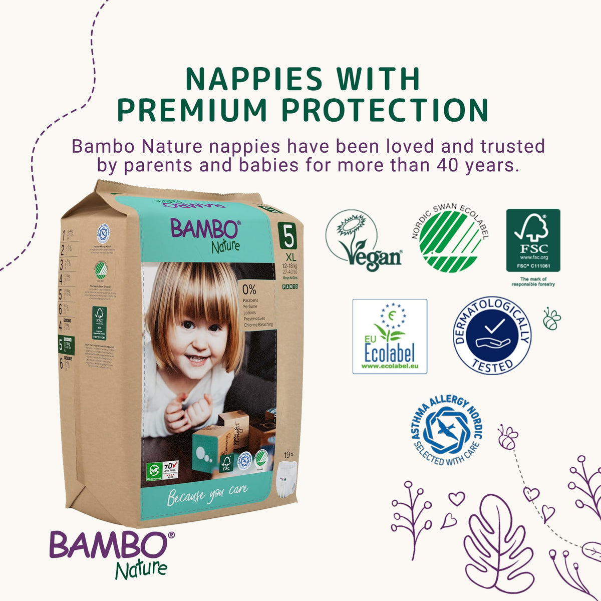 Bambo Nature Premium Eco Nappies, Premature Size 0 (2-7lb/1-3kg), XXS, Pack of 24, Eco-Labelled Nappies, Enhanced Leakage Protection, Secure and Comfortable Baby Nappy