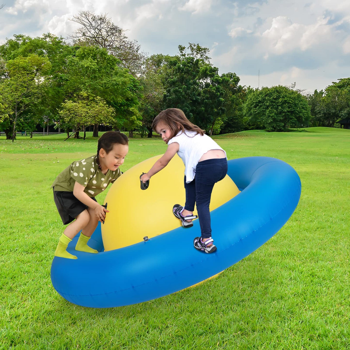GYMAX 88'' Inflatable Dome Rocker Bouncer, Giant Inflatable Rocking Planet with 6 Handles, Indoor Outdoor Large Blow Up Rocking Ball for 5 Years Old+ Boys Girls, Max Weight 113kg (Pink+Green)