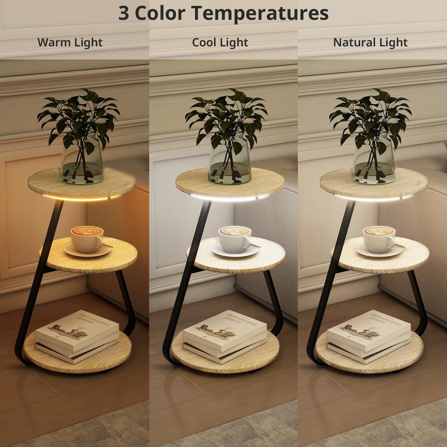 ARTETHYS Side Table, Small Round Coffee Table with 3 Color LED Lights, End Table with 3 Tier Storage Shelves, Bedside Sofa Side Tables for Living Room Bedroom, Rustic Brown