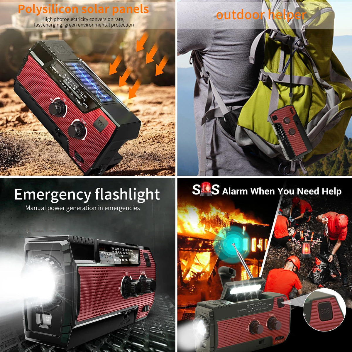 SOLARBABY Wind Up Solar Radio, Emergency Hand Crank Self Powered AM/FM Survival Solar Weather Radio with LED Flashlight,SOS Alarm,2000mAh Emergency Power Bank for Smart Phone (M-Orange)