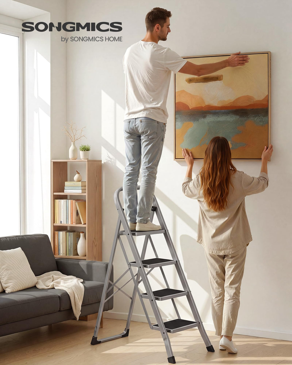 SONGMICS 2-Step Ladder, Folding Step Ladder, Safety, Holds up to 150KG