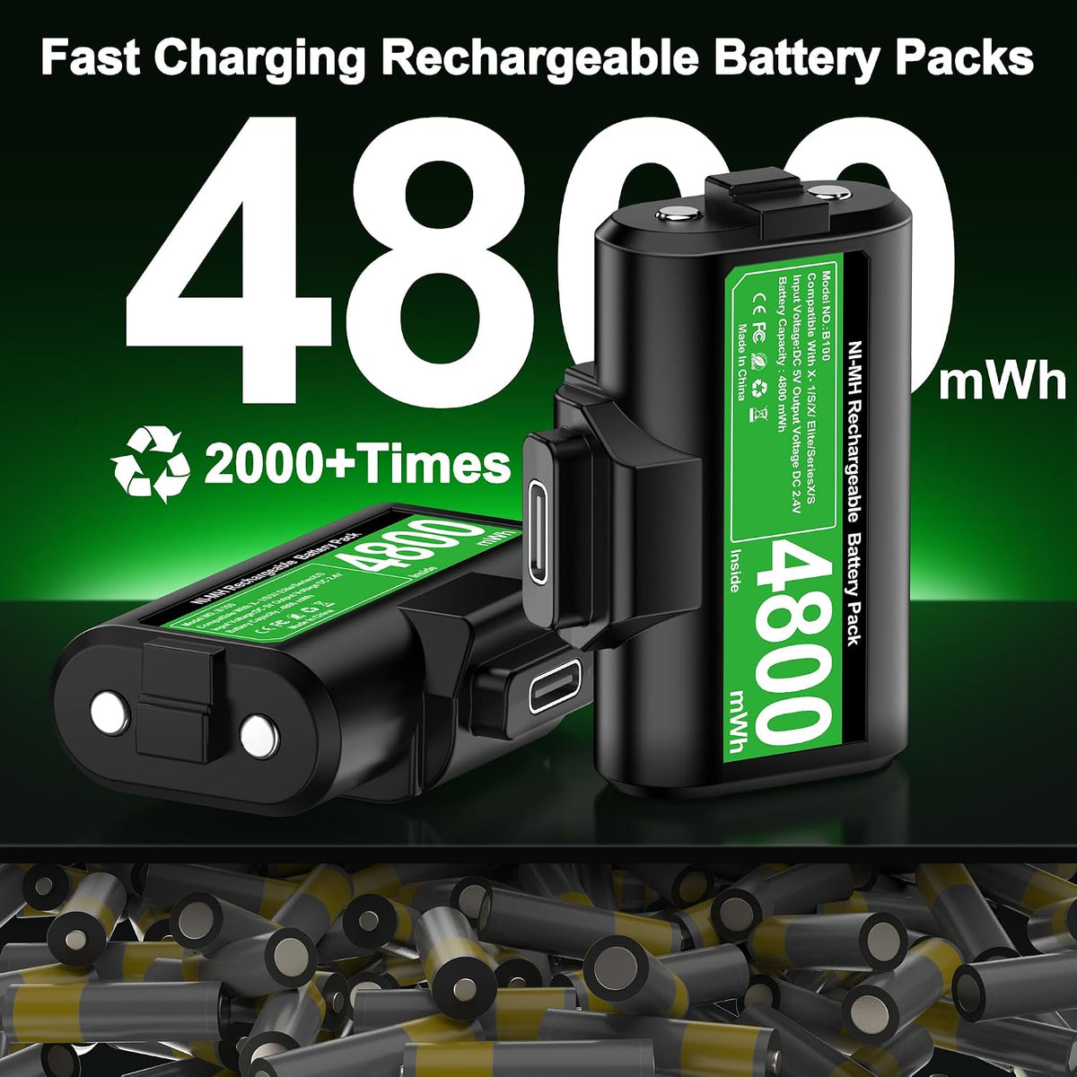 HEYLICOOL Rechargeable Battery Pack for Xbox One/Xbox Series X|S,2x4800mWh Controller Battery Pack with LED Indicators for Series X/S,Play & Charge Kit