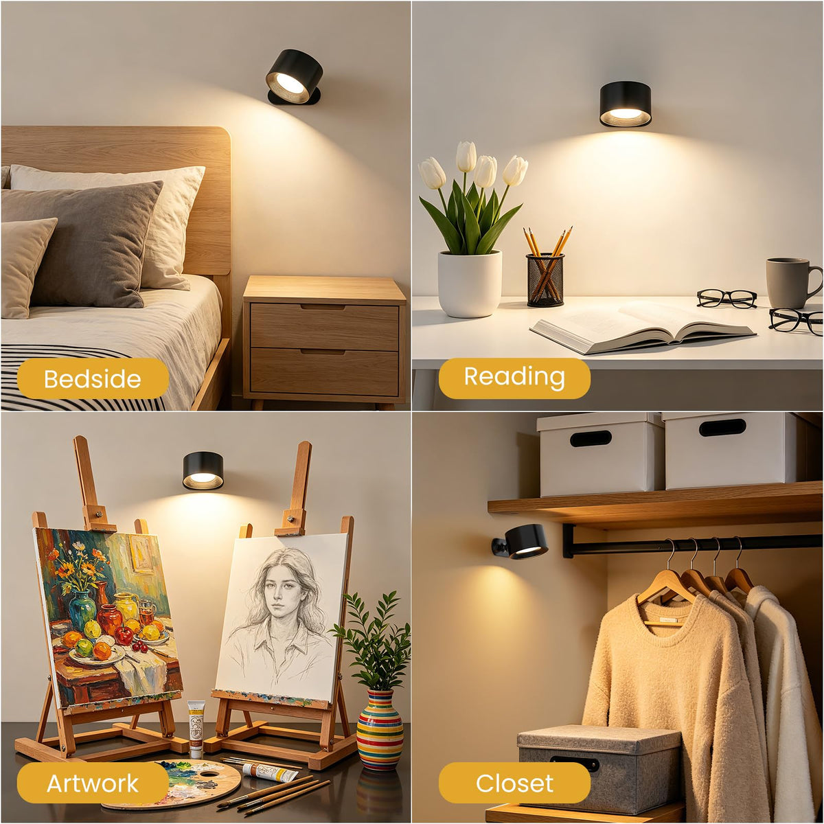 Coollamp LED Battery Operated Wall Lights, 3Pack Wall Lamp with Remote Control 3 Color Modes 3 Brightness Levels 360°Rotate Magnetic, Reading Lights for Living Room Bedroom Black