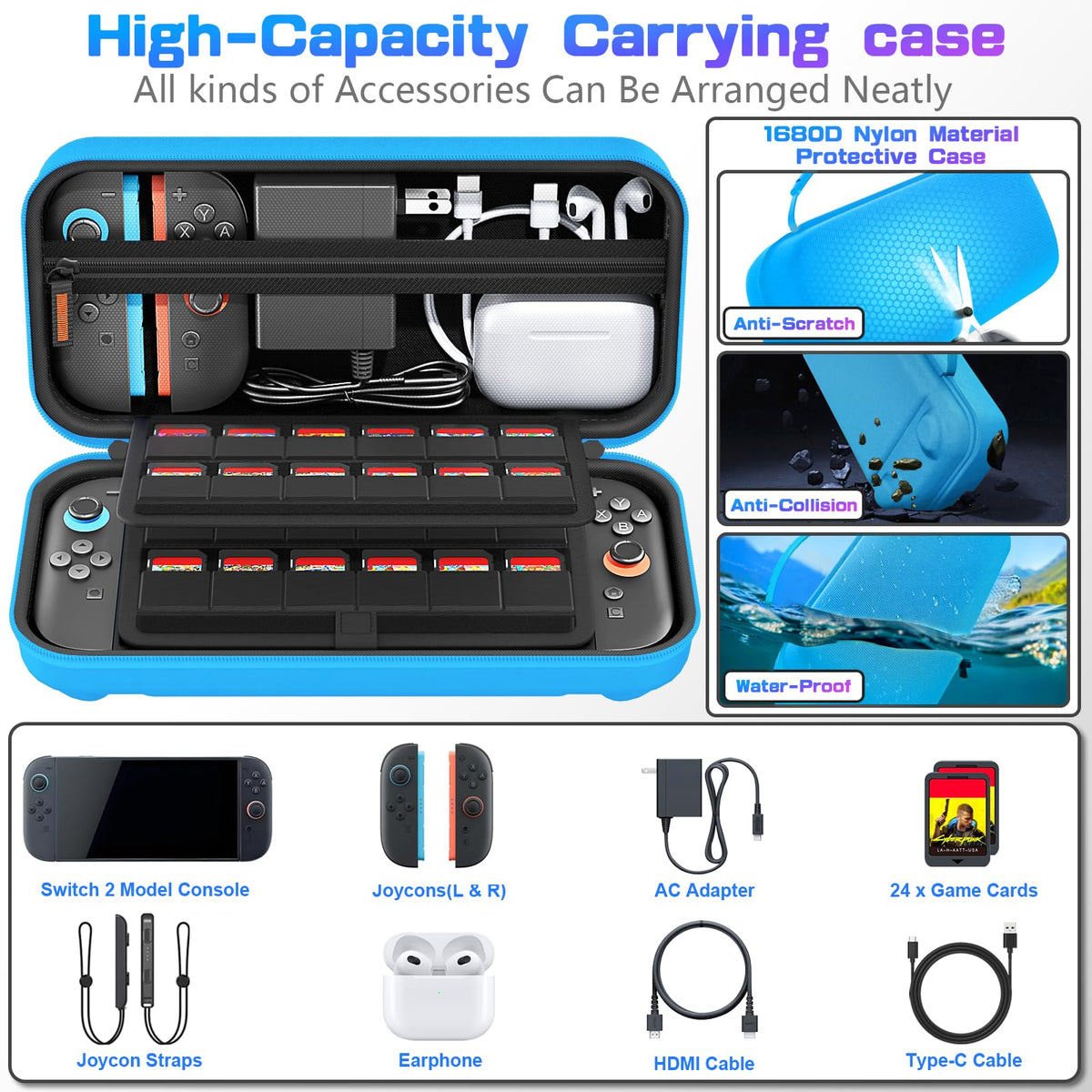 daydayup Switch 2 Carry Case Compatible with Nintendo Switch 2, with 24 Games Cartridges Protective Hard Shell Travel Carrying Case Pouch for Switch 2 Console & Accessories,Black