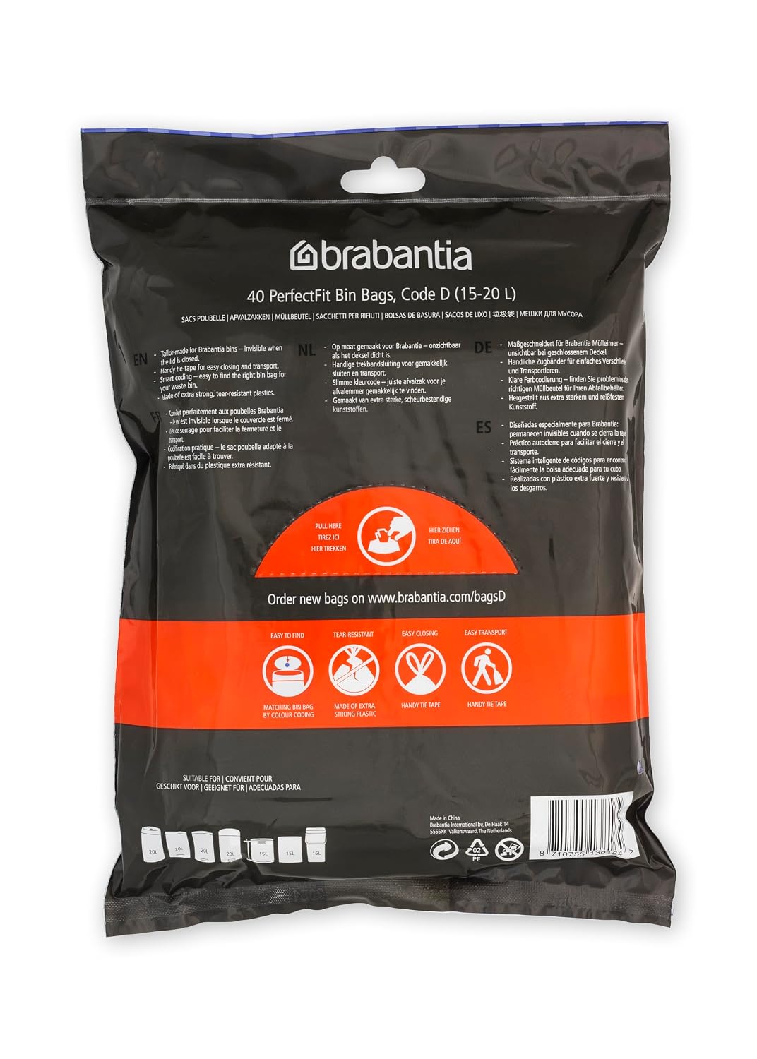 Brabantia PerfectFit Bin Liners, Tear-Resistant, Size D/15-20L (40 Bags)