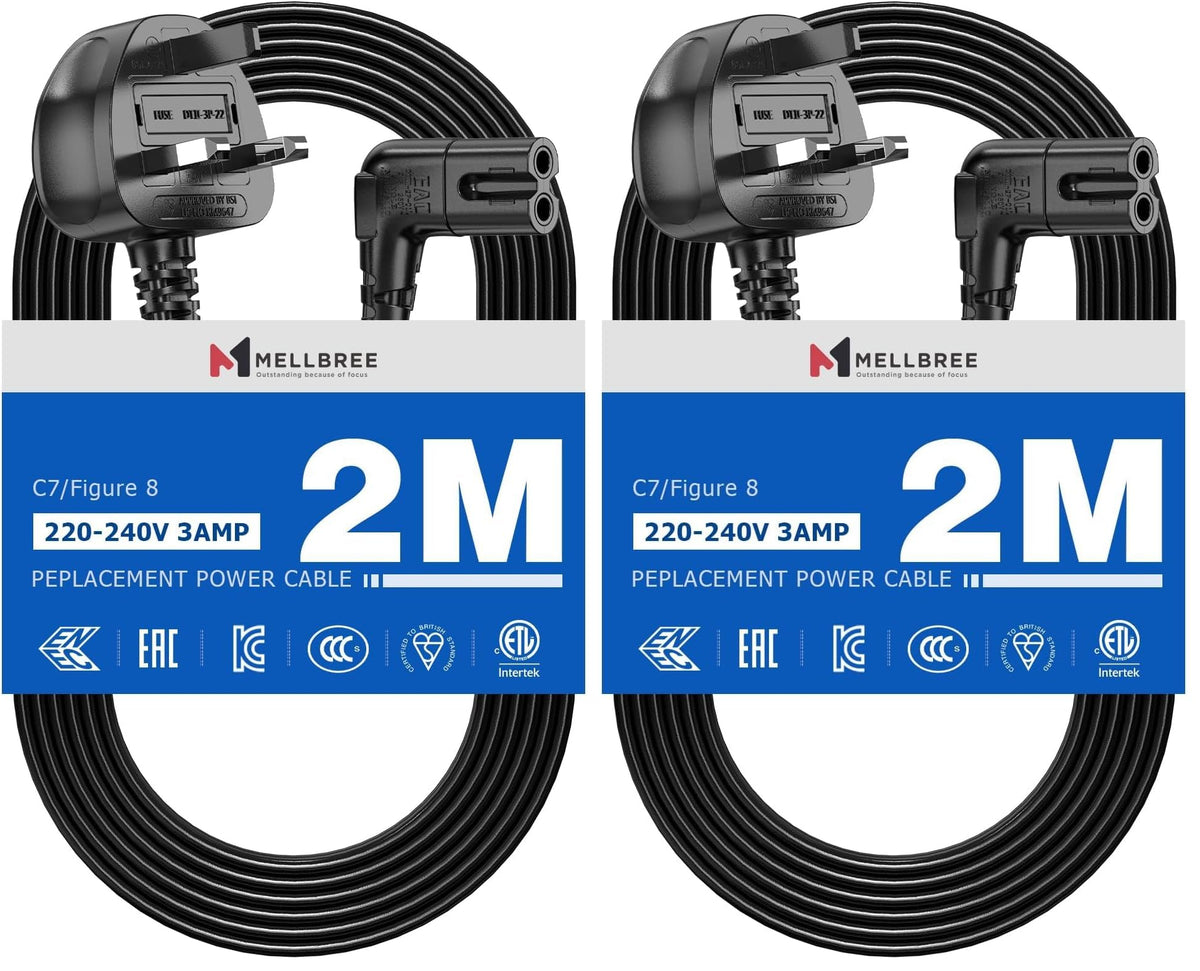 2M Power Cable Compatible with Samsumg TV, Mellbree Quality Safe Right Angle Suitable for Awkward Space Figure 8 Power Cable Compatible with Samsung, LG, Panasonic TV Black