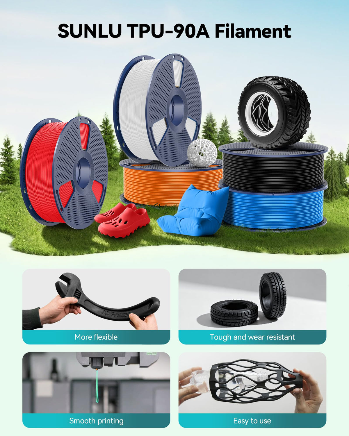 SUNLU TPU Filament TPU 95A 1.75mm Black, Flexible 3D Printer Filament