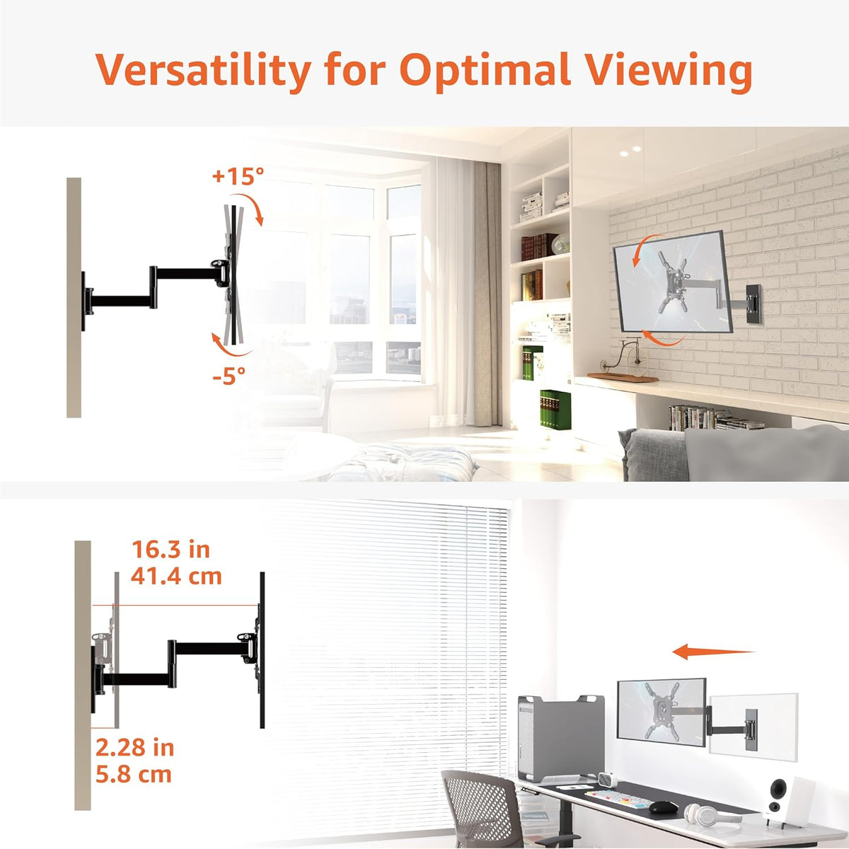 Amazon Basics TV Wall Mount, Full Motion Swivelling Tilting TV Bracket for 12-40 Inch Flat and Curved TV or Monitor up to 36 kg, Max VESA 200x200 mm, Black