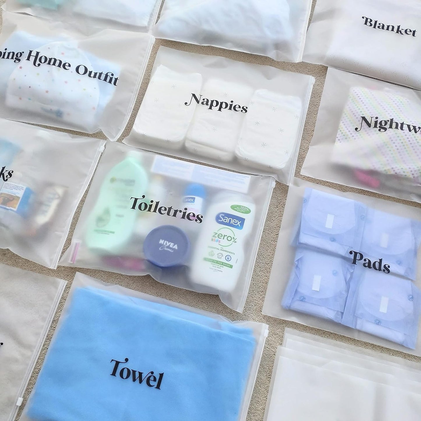 23x Baby Hospital Maternity Organiser Bags Essentials | Baby Shower | Mum to Be | Labor & Delivery Bag Labels