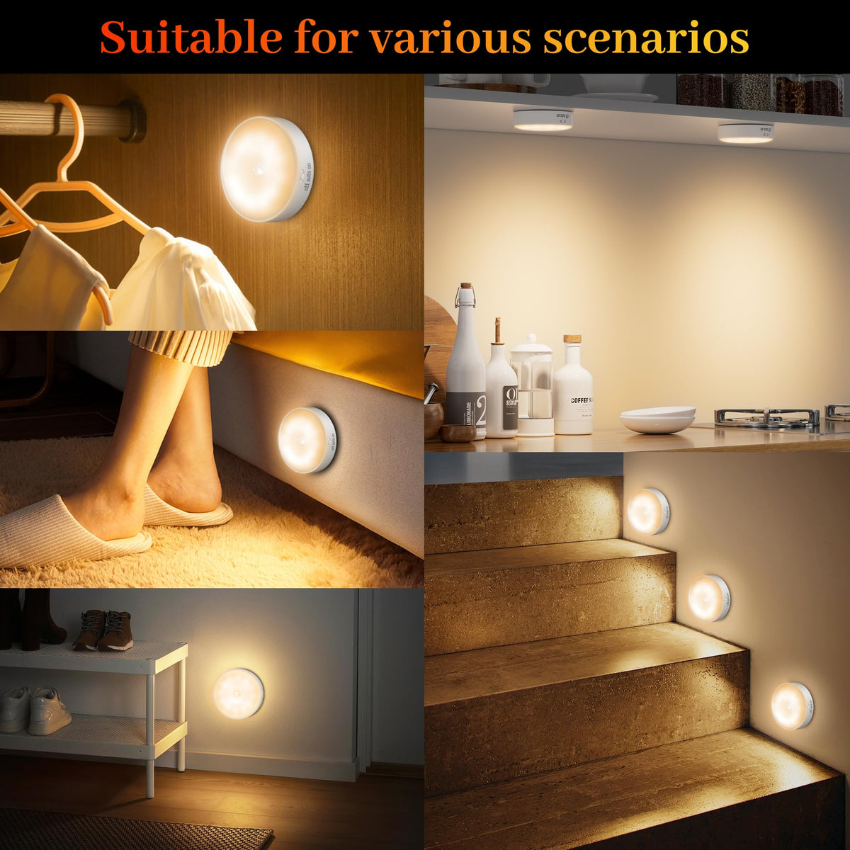 daphomeu Motion Sensor Lights Indoor,6 Pack Wireless USB Rechargeable Cupboard Lights,Stick on Wall Night Light,Battery Operated for Stair Wardrobe Corridors Closet Under Cabinet Kitchen Puck Lights
