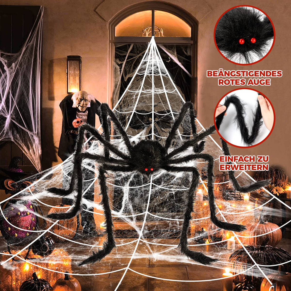 BOSONER 200'' Giant Spider Web Halloween Decorations + 50'' Large Spider