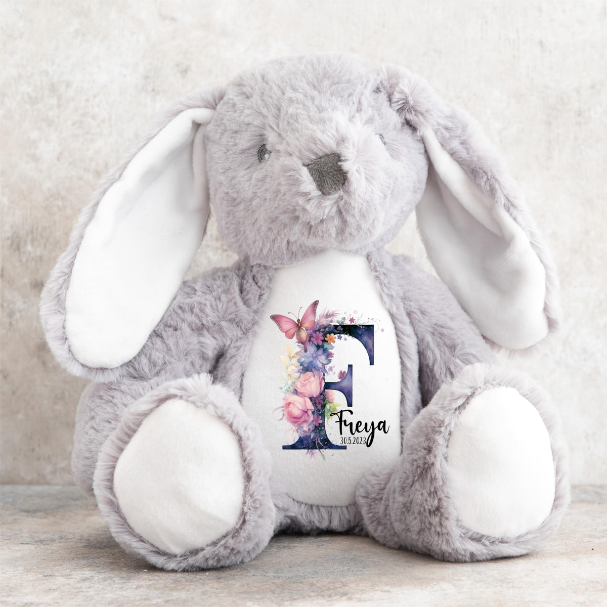 Crafted Memories - Personalised Teddy | Velveteen Bunny Soft Toy | Customisable Name for Newborns | Keepsake for Boys & Girls | Baby Shower Item | Pink Initial | Grey or White, 20-23cm