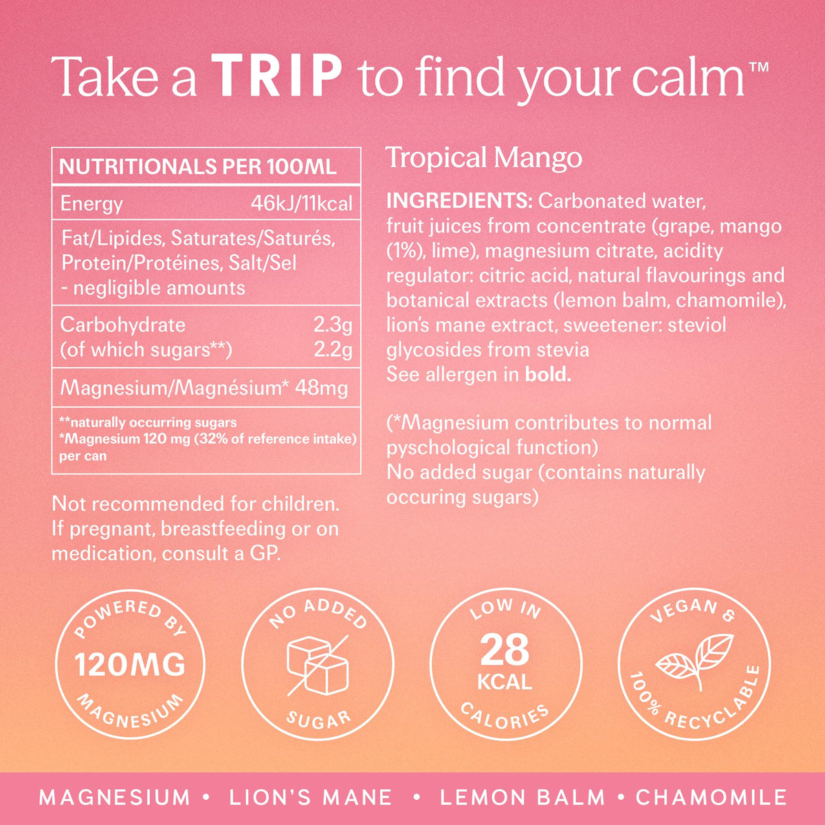 TRIP Cucumber Mint Sparkling drink with 120MG calming Magnesium + Lion’s Mane + Chamomile + Lemon Balm. Low Calorie and Vegan (Pack of 12 x 250ml) - Packaging Might Vary