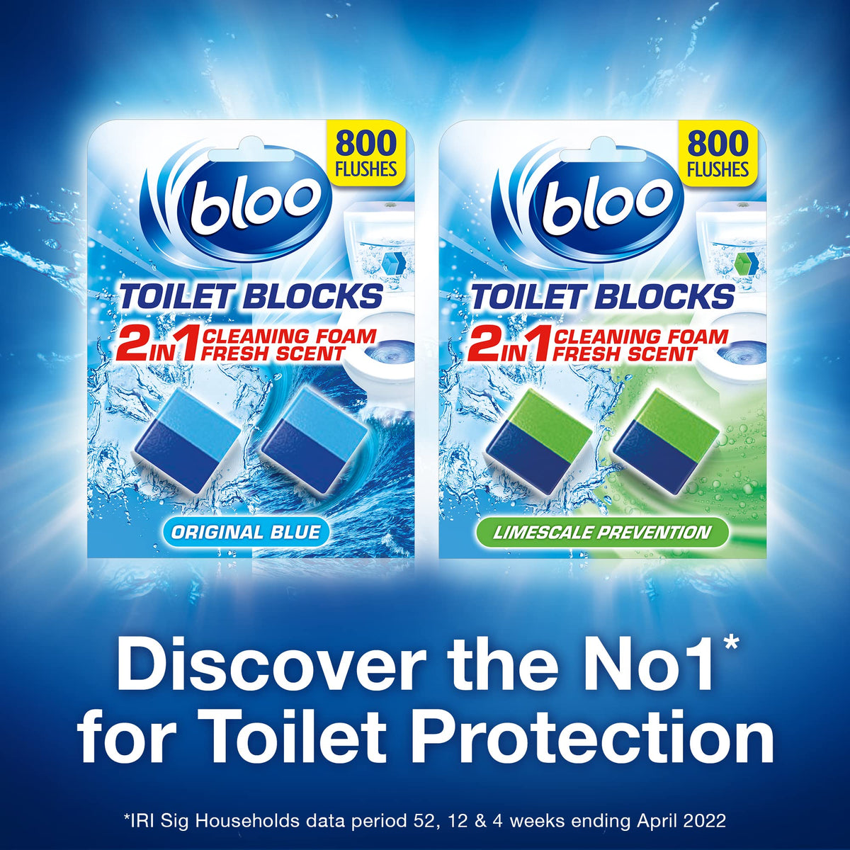 Bloo New 3in1 Toilet Blocks, Pack of 2, Toilet Limescale Remover Cistern Block, Toilet Cleaner Block with Cleaning and Foaming Action, Toilet Fresheners - Limescale Prevention